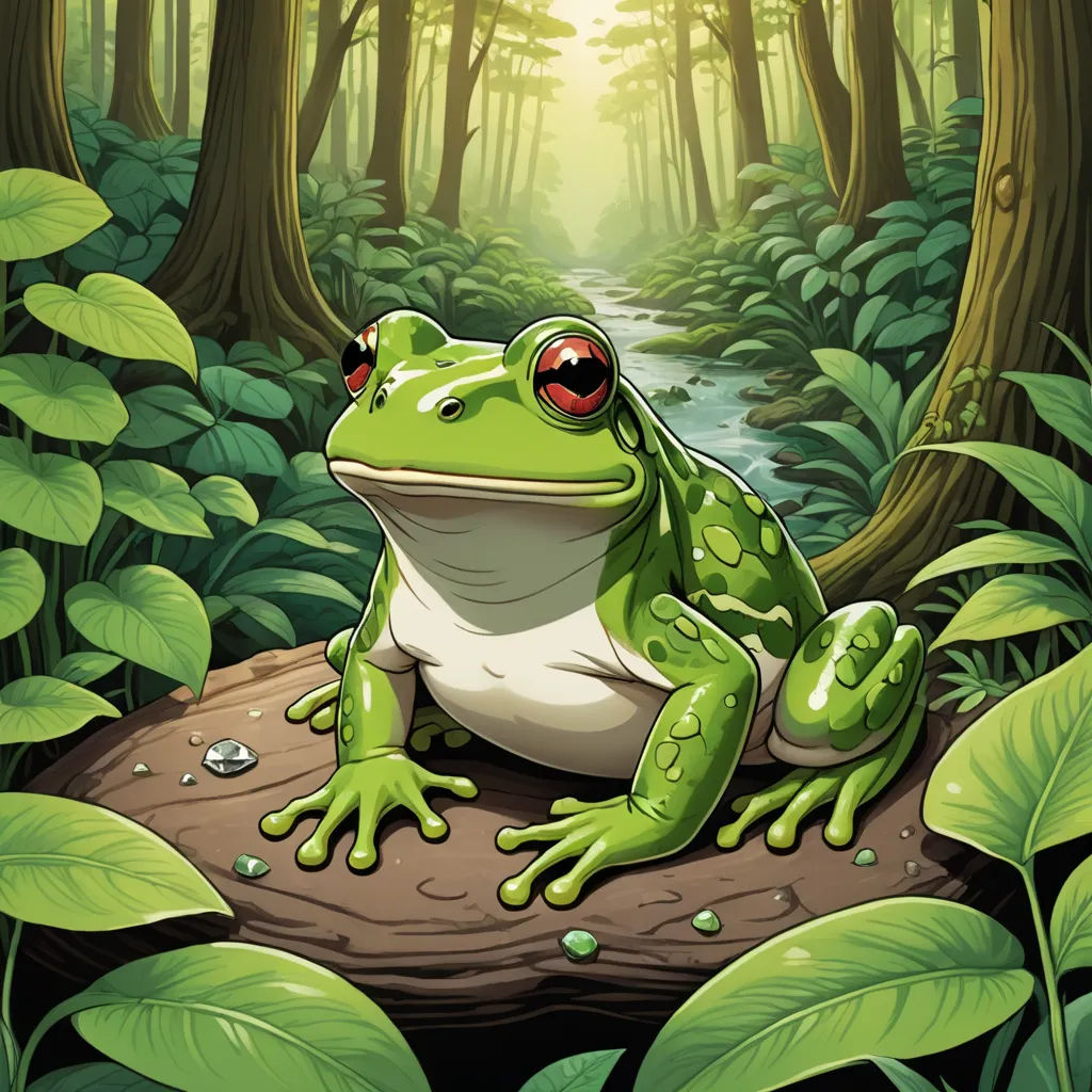 a frog sitting on a log in the forest with a sunbeam in the background and a path in the middle, fantasy art, a storybook illustration, Andries Stock, storybook illustration