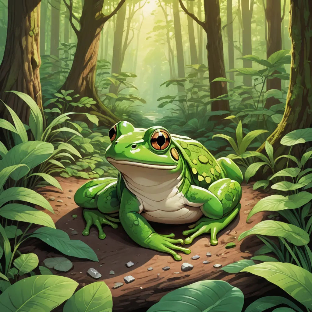 a frog sitting on a log in a forest with green leaves and a sunbeam in the background illustration, fantasy art, a storybook illustration, Chris LaBrooy, magic the gathering artwork