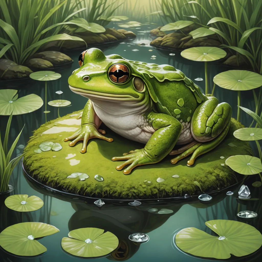 a frog sitting on a lily pad in a pond of water with lily pads around it and a stream running through the center, fantasy art, a detailed painting, Chris LaBrooy, highly detailed digital painting