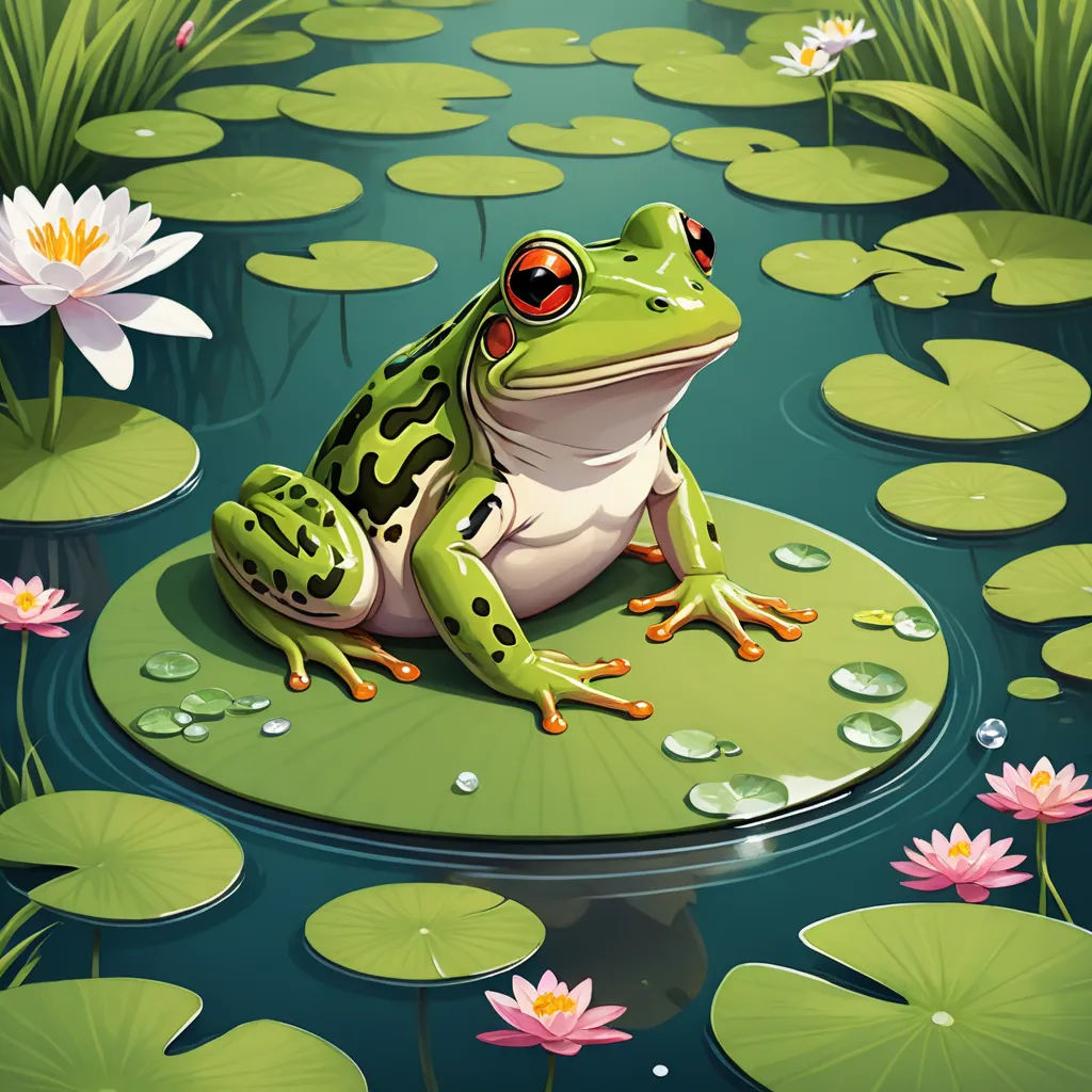 a frog sitting on a lily pad in a pond with lily pads around it and lily pads around it, fantasy art, a storybook illustration, Andries Stock, highly detailed digital painting