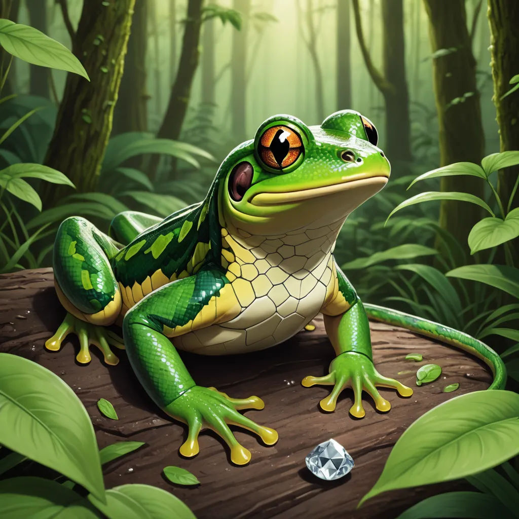 a frog sitting on a log in a forest with a diamond in its mouth and a green background with leaves, fantasy art, a digital painting, Andries Stock, magic the gathering artwork