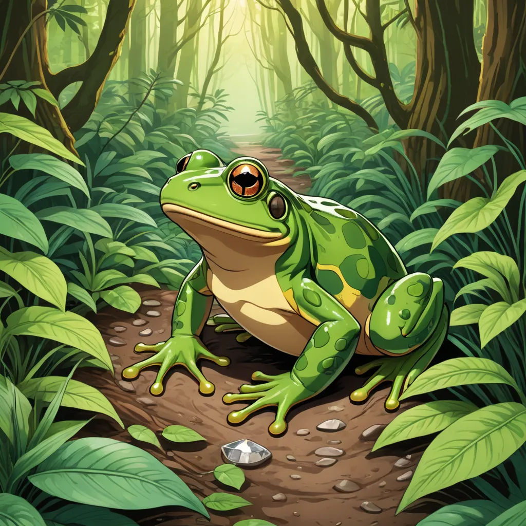a frog sitting on a dirt path in the forest with green leaves and a bright light coming from behind it, fantasy art, a character portrait, Andries Stock, magic the gathering artwork