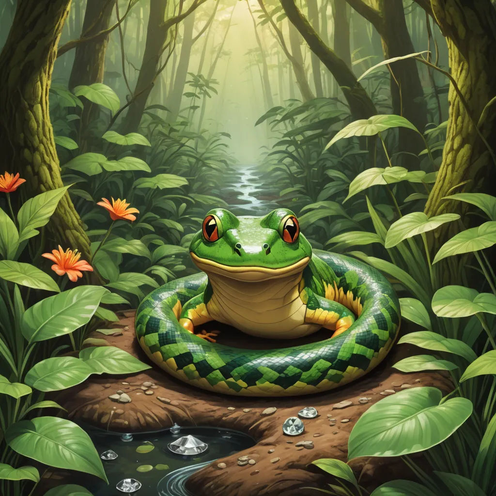 a green frog with a yellow head sitting on a rock in a forest with flowers and plants around it, fantasy art, a storybook illustration, Chris LaBrooy, magic the gathering artwork