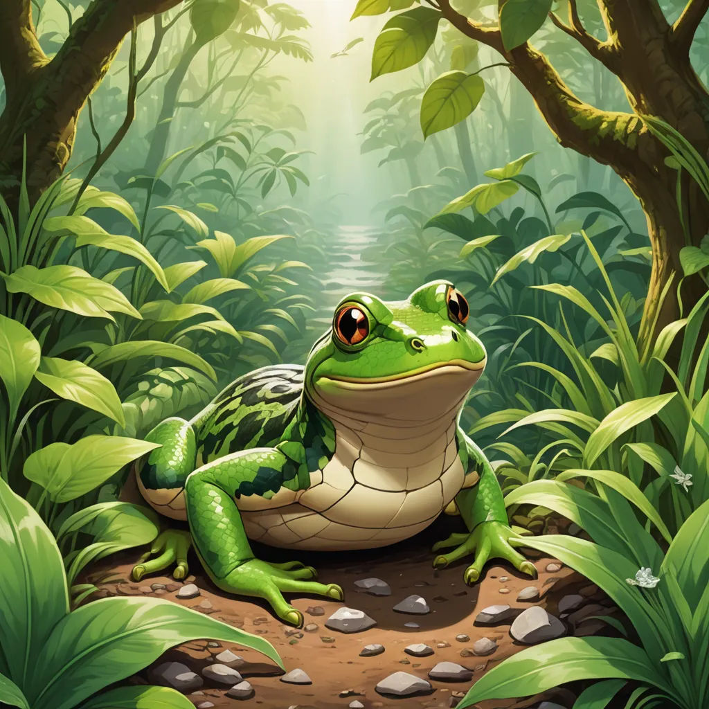 a frog sitting on a rock in a forest with a sunbeam in the background and a path leading to it, fantasy art, a storybook illustration, Andries Stock, magic the gathering artwork