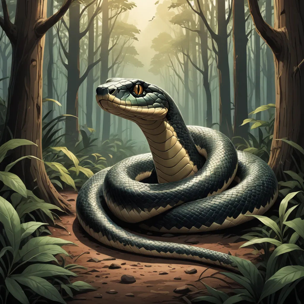 a snake is in the middle of a forest with trees and leaves around it, with a bright light coming from behind it, cobra, an illustration of, Dan Mumford, highly detailed digital painting