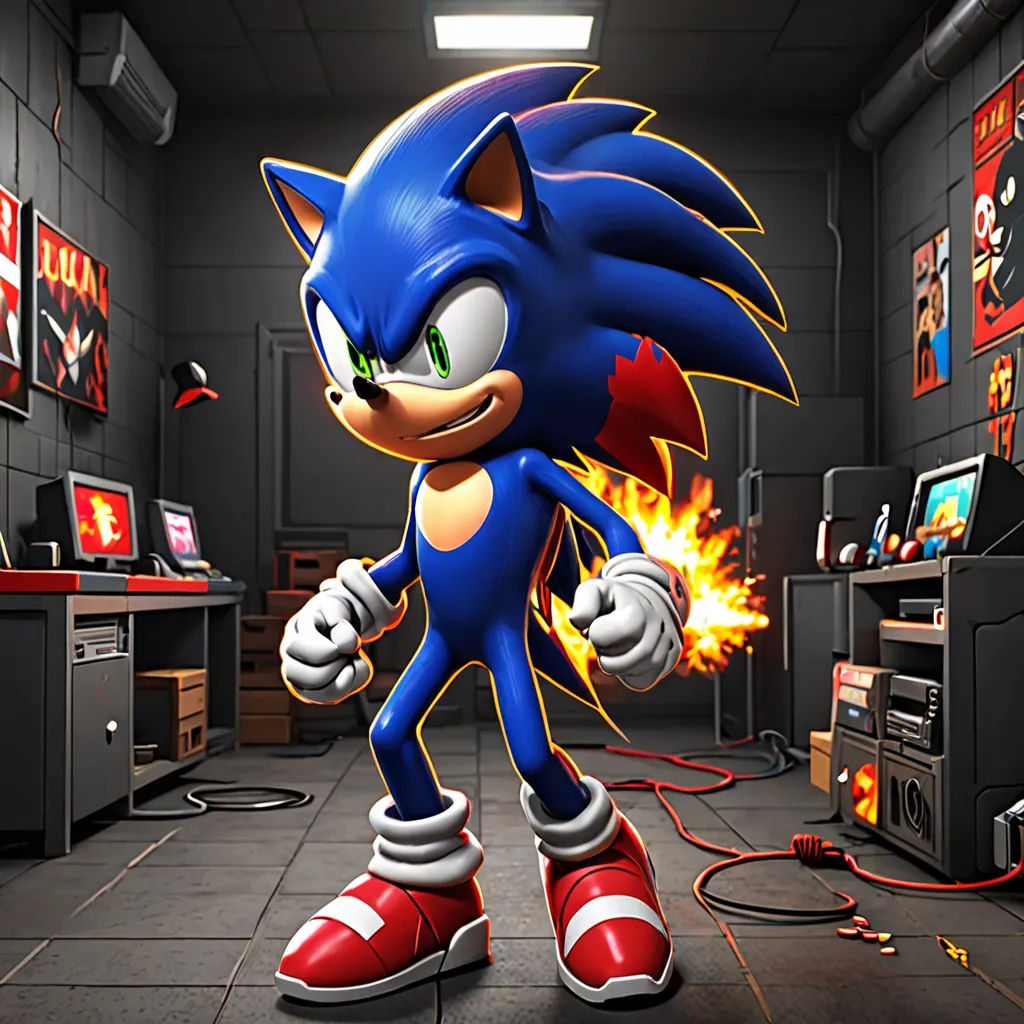 a cartoon character in a room with a lot of electronics and a fire hose in it's mouth, sots art, a 3D render, Chris LaBrooy, official art