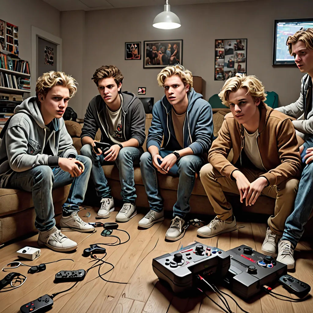 a group of young men sitting on top of a couch next to a nintendo wii game controller on a wooden floor, neogeo, a computer rendering, Ejler Bille, promotional image