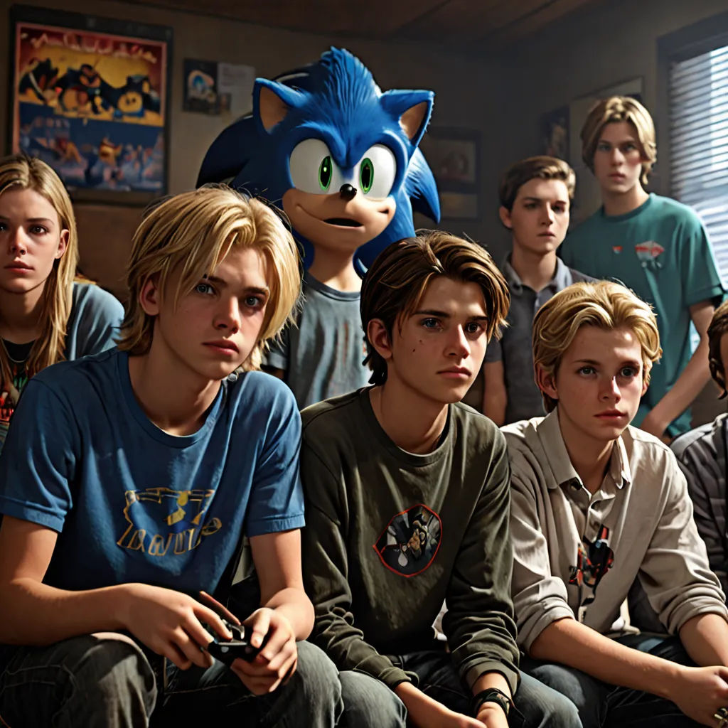 a group of people sitting next to each other in a room with sonic the hedgehog on the wall, hyperrealism, a renaissance painting, Adam Rex, high res