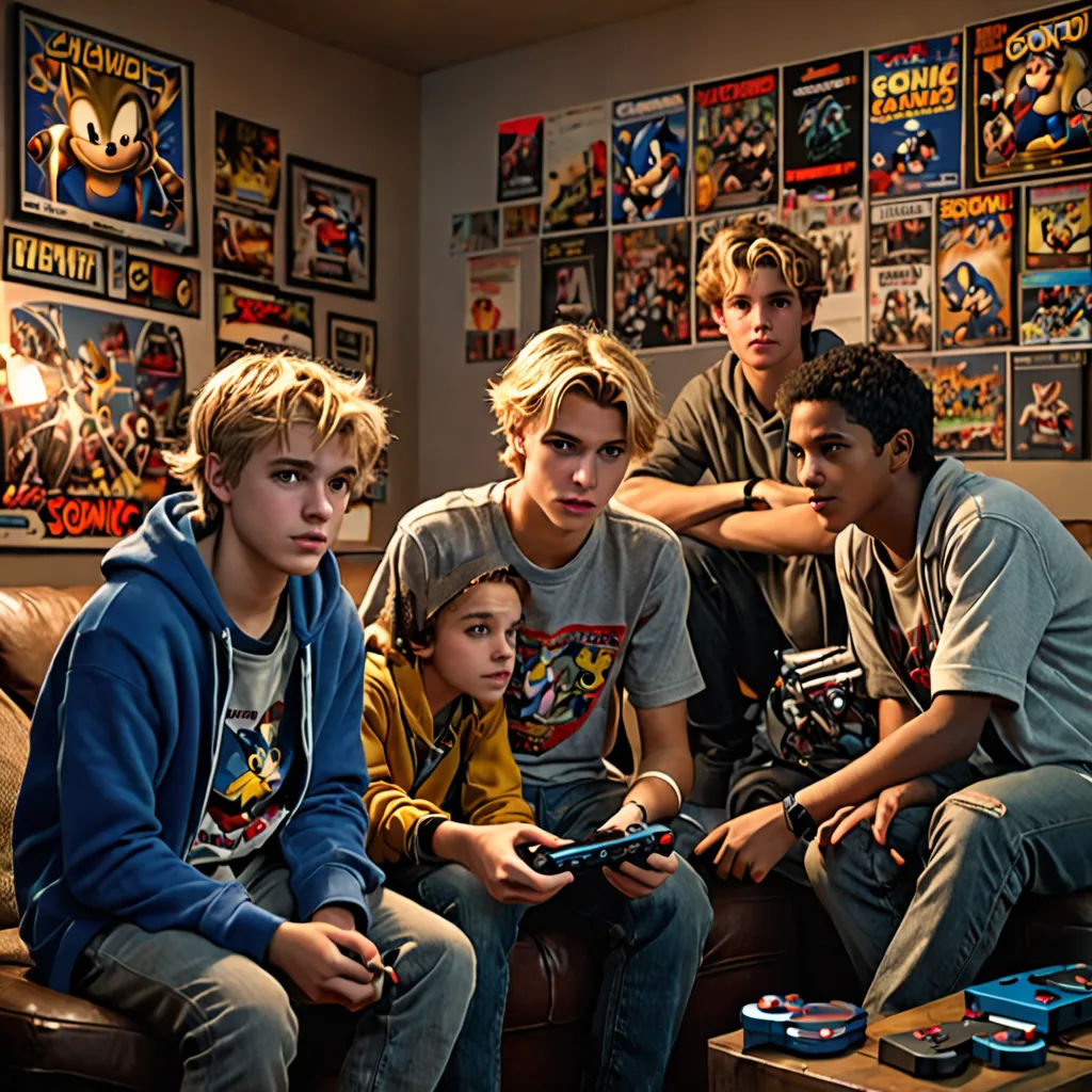 a group of young men sitting on top of a couch next to each other in a living room next to a wall, neogeo, a renaissance painting, Andor Basch, promotional image