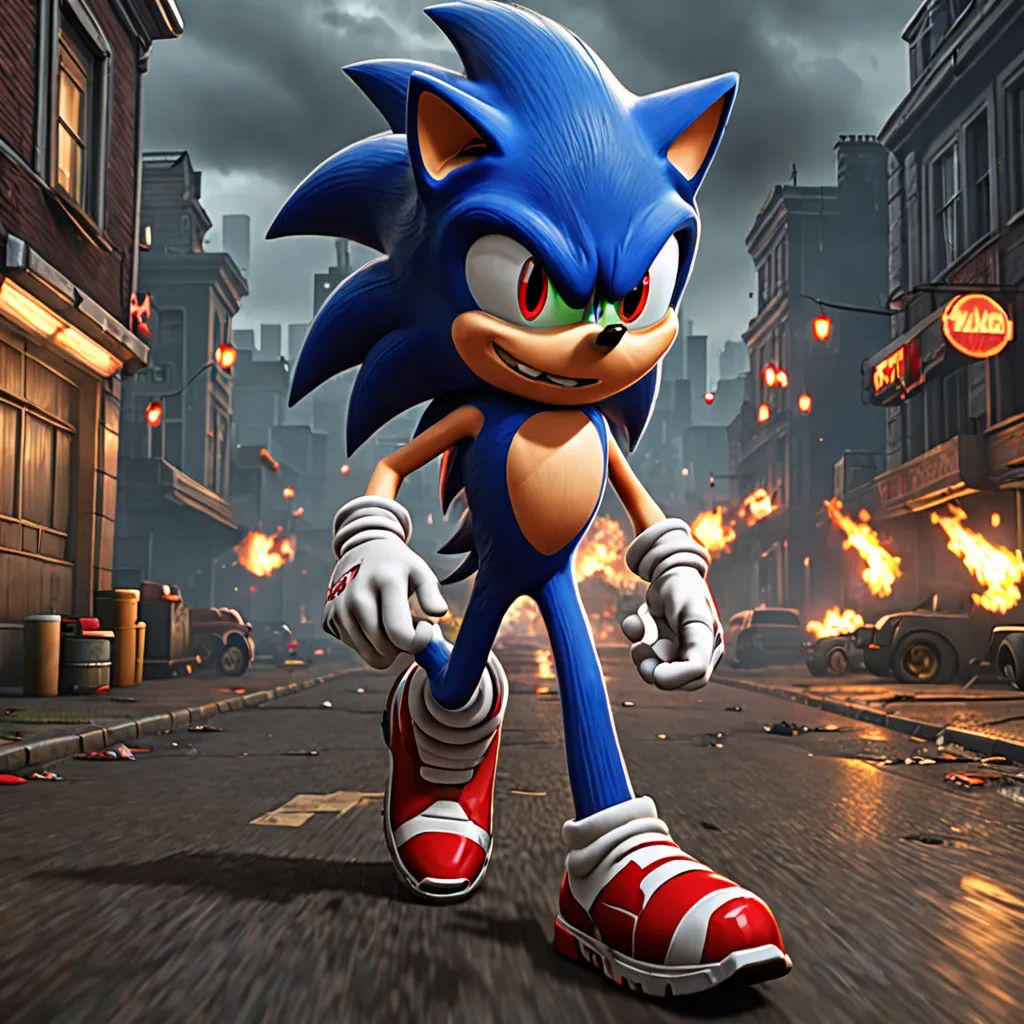 a cartoon character is running down a street in a city with buildings and fire coming from the buildings behind him, sots art, a 3D render, Eddie Mendoza, unreal engine 5 highly rendered