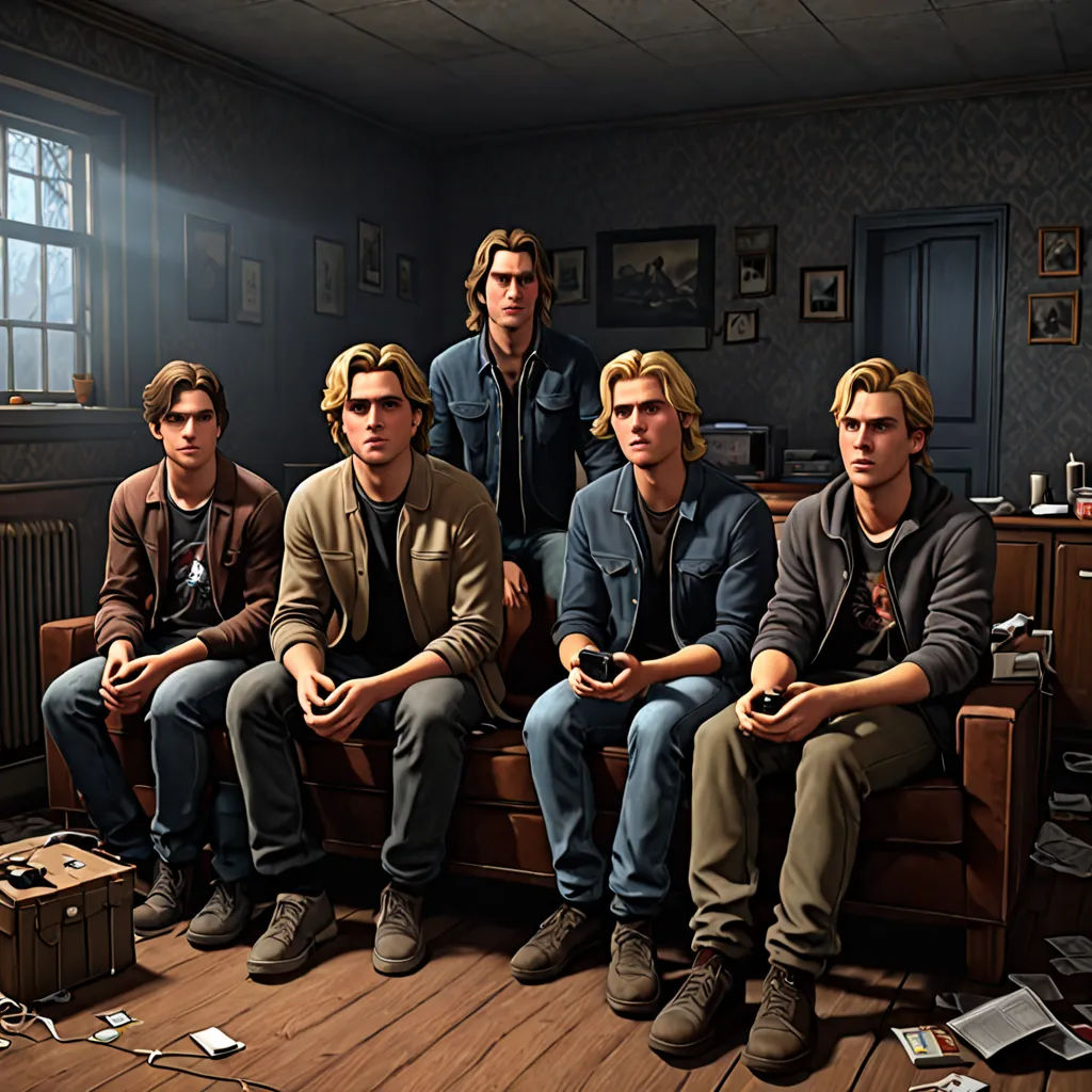 a group of young men sitting on top of a couch in a living room next to a window with a tv, sots art, a renaissance painting, Chris LaBrooy, key art