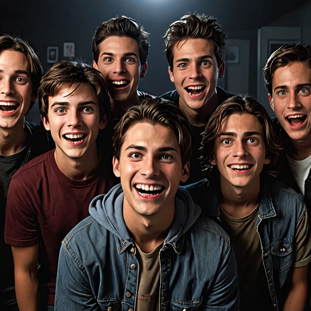 a group of men standing next to each other in a room with a light on the ceiling and a ceiling fan, renaissance, a stock photo, Ejler Bille, perfect faces