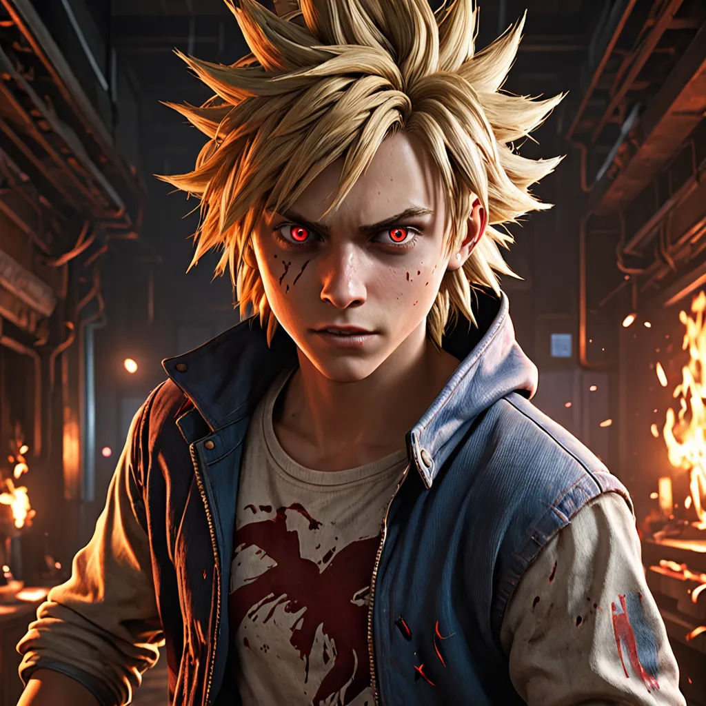 a young man with a bloody face and a jacket on holding a knife in a dark room with flames, sots art, concept art, Eddie Mendoza, unreal engine highly rendered
