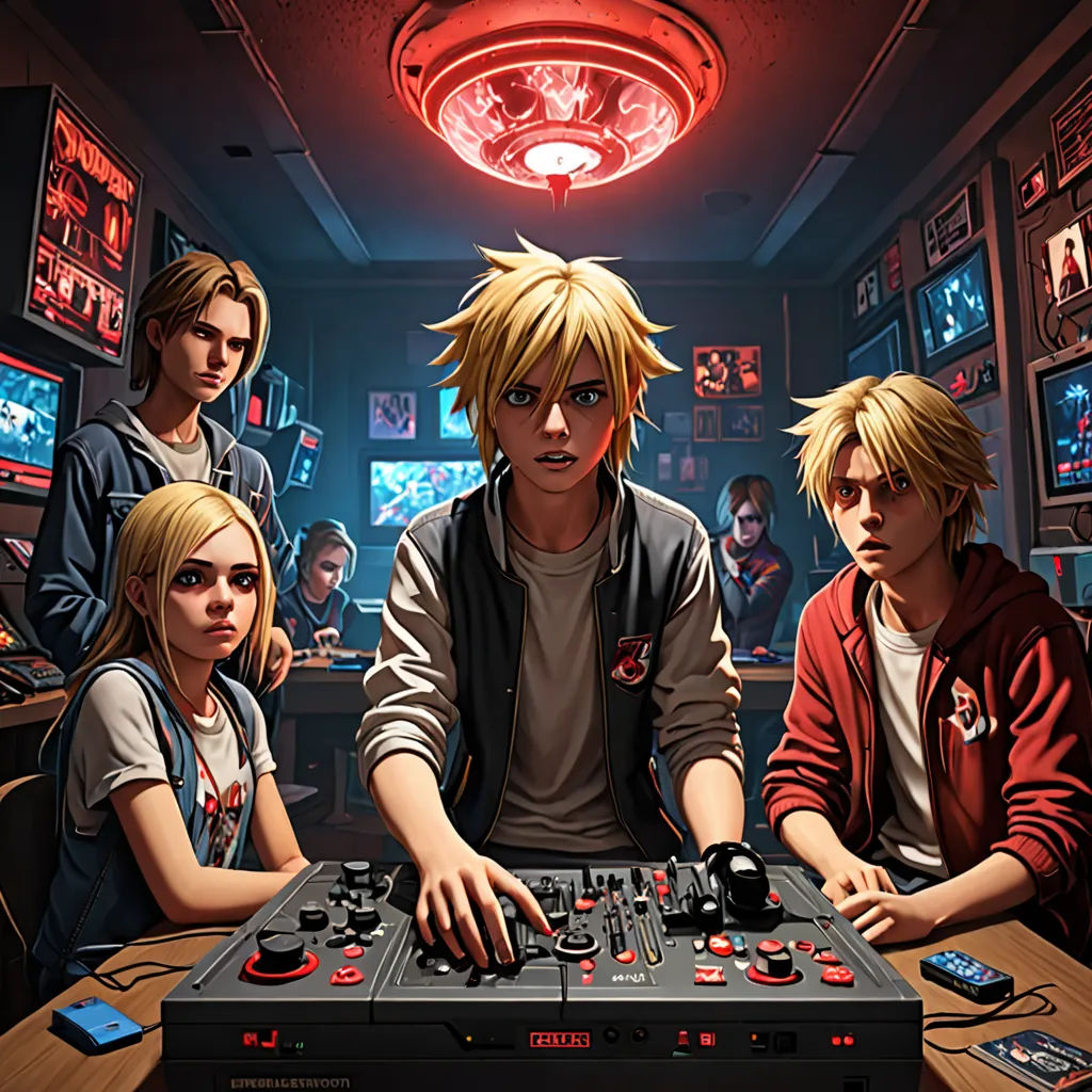 a group of people sitting around a table with a dj mixer in front of them and a man standing behind them, sots art, computer graphics, Artgerm, official art