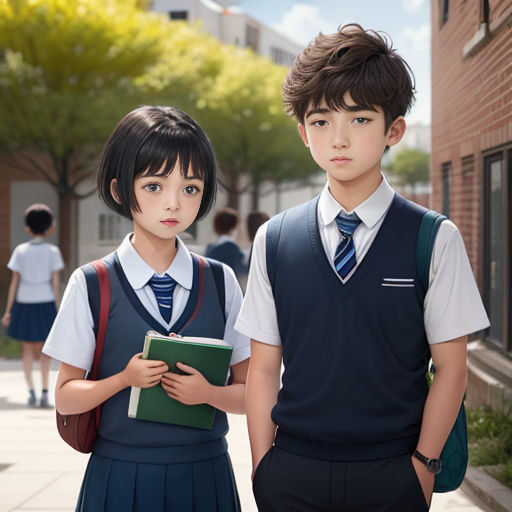 two children in school uniforms standing next to each other on a sidewalk with a book in their hands and a book in their hand