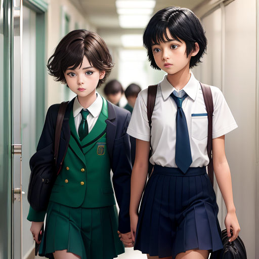 two young girls in school uniforms walking down a hallway together, one of them is carrying a backpack and the other is carrying a purse