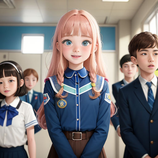 a group of children in uniforms standing in a hallway with their arms crossed and looking at the camera,
