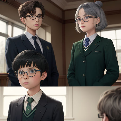 a series of three photos of a boy and girl in school uniforms and glasses, and a boy in a suit and tie