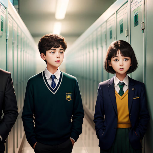 a group of young people standing in a hallway next to lockers in a school uniform and tie,