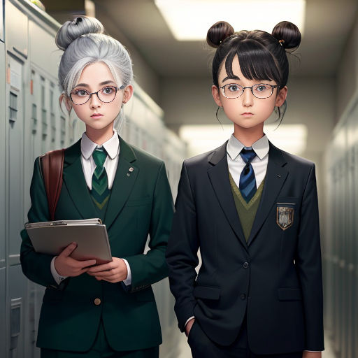 two young girls in school uniforms standing in a hallway with lockers behind them, both holding a tablet