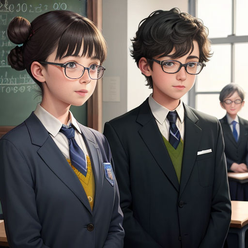 a group of children in school uniforms standing in front of a chalkboard with a chalkboard in the background