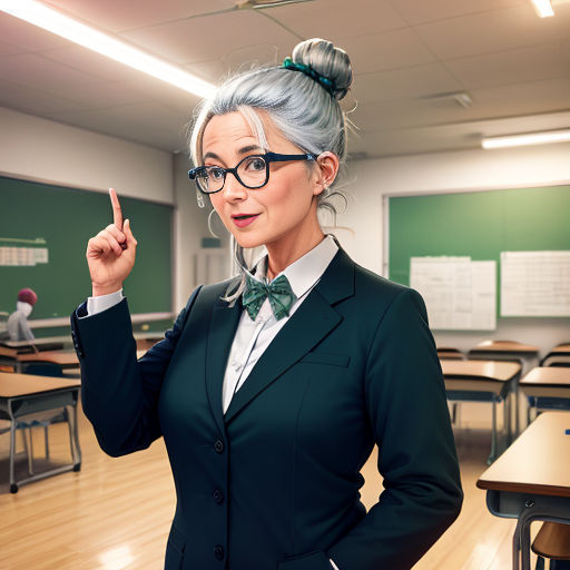 a woman in a suit and glasses pointing at something with a finger in a classroom with desks and chairs