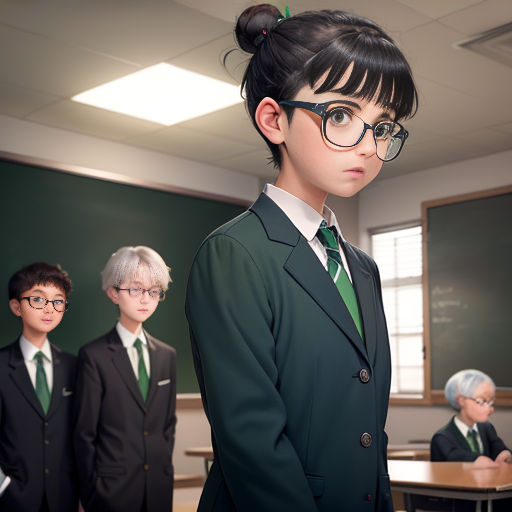 a young girl in a green suit and glasses standing in front of a classroom full of boys in suits