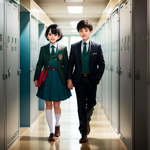 a couple of kids in school uniforms walking down a hallway together in school uniforms and holding hands and smiling