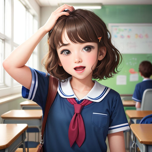 a girl in a school uniform is holding her head in her hands and looking at the camera while standing in a classroom