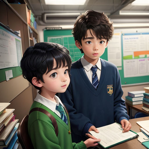 two children are standing in front of a desk with books and papers on it, and one boy is holding a book