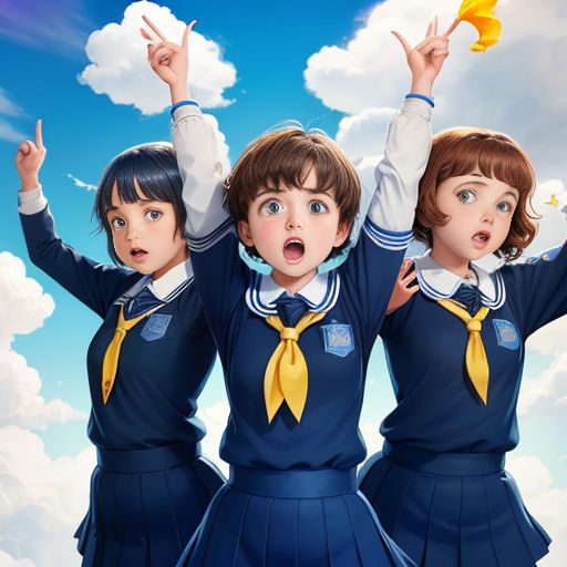 three girls in school uniforms are standing in the air with their hands up in the air and their hands in the air