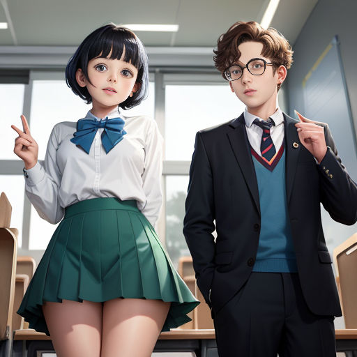 a boy and a girl in school uniforms posing for a picture together in a classroom with a desk and chairs