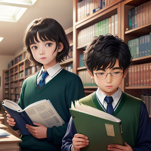 two children are standing in a library reading books together and looking at the camera with a book in their hands