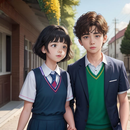 two children in school uniforms standing on a sidewalk in front of a building with a tree in the background