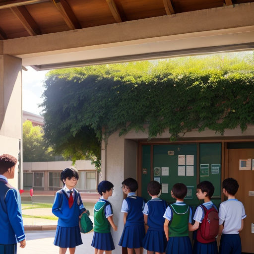 a group of children standing in front of a building with a green ivy covered roof and a door to a building