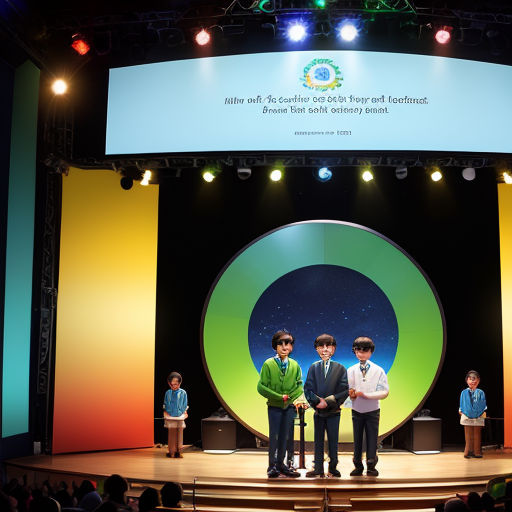 a group of kids standing on a stage with a giant green object in the background with a sign above it