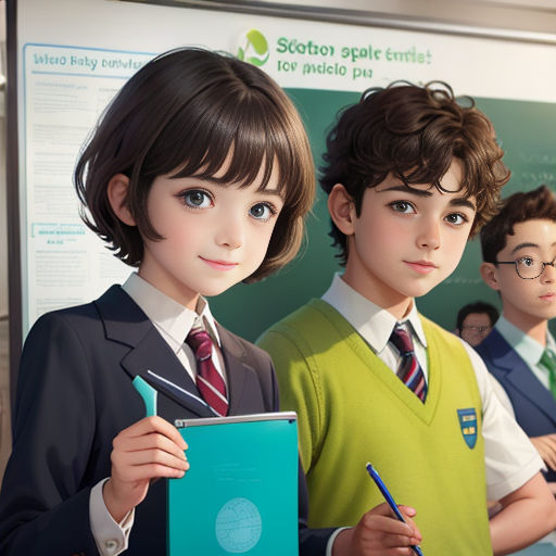 a group of children standing next to each other holding notebooks and pens in front of a poster of school children