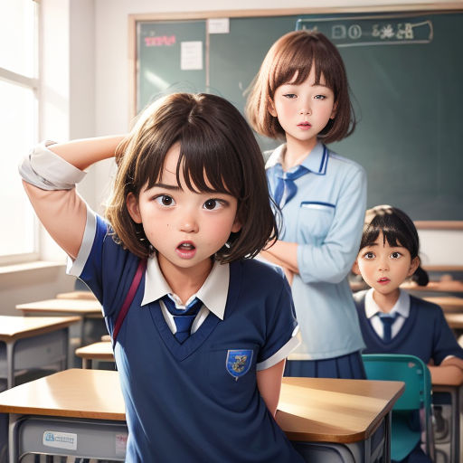 a group of children in a classroom with a teacher behind them and a woman behind them with a backpack