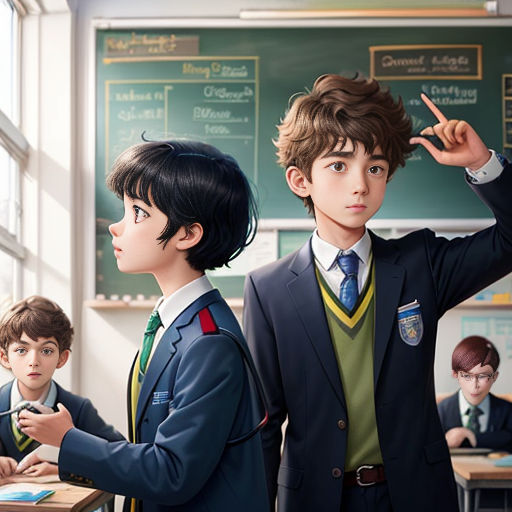 a group of children in school uniforms standing in front of a chalkboard with a chalkboard in the background