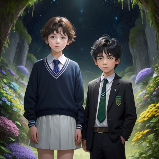 two children in school uniforms standing in a forest with flowers and trees in the background, one of them is wearing a green tie