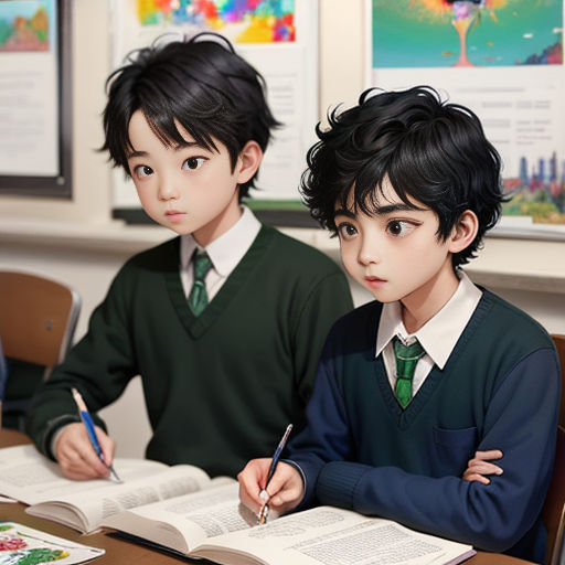two children sitting at a desk with books and pens in front of them, one of them is writing