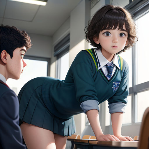 a young girl leaning over a desk next to a man in a suit and tie in a classroom setting