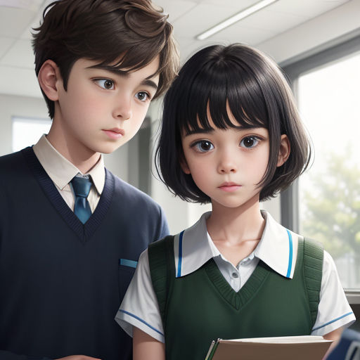 a boy and a girl are standing next to each other in a room with windows and a book in front of them