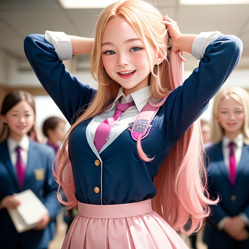 a girl in a school uniform posing for a picture with other girls in the background wearing suits and ties