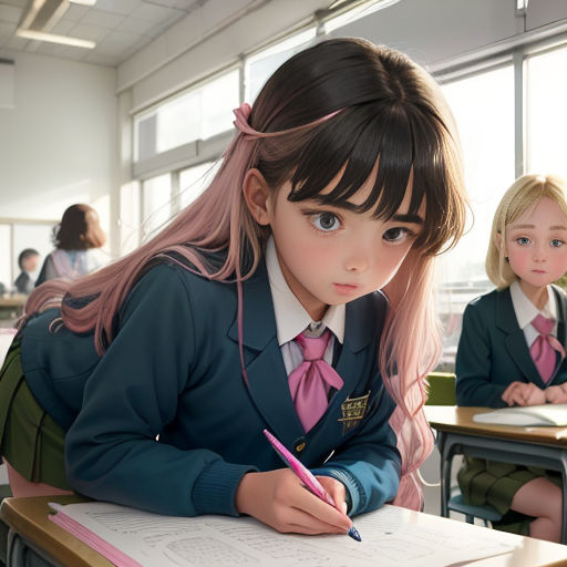 a girl in a school uniform writing on a book in a classroom with other girls in the background looking on