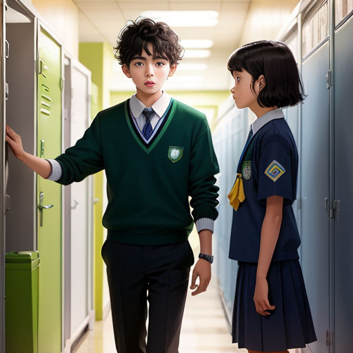 a boy and a girl are standing in a hallway next to lockers and lockers with lockers