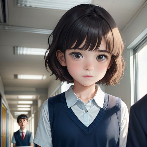 a young girl in a school uniform standing in a hallway with a man behind her looking at the camera