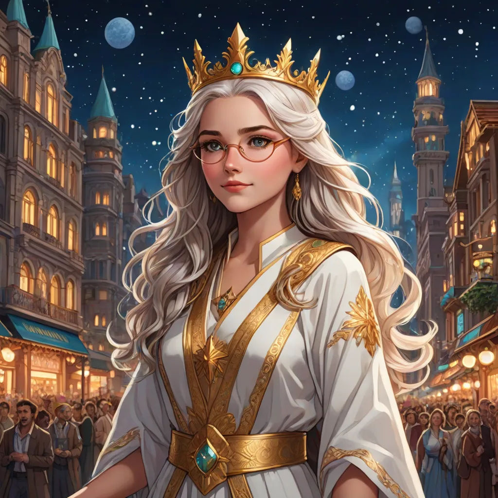 a woman in a white dress and gold crown standing in front of a crowd of people in a city, rossdraws global illumination, fantasy art, a character portrait, Charlie Bowater