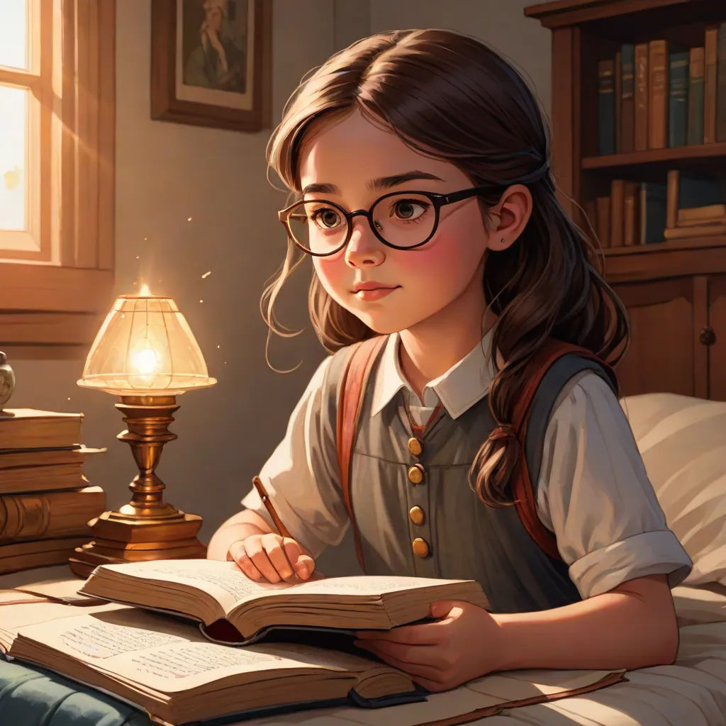 a girl sitting at a table with a book and a lamp in front of her on a bed with a book, rossdraws global illumination, fantasy art, a storybook illustration, Artgerm
