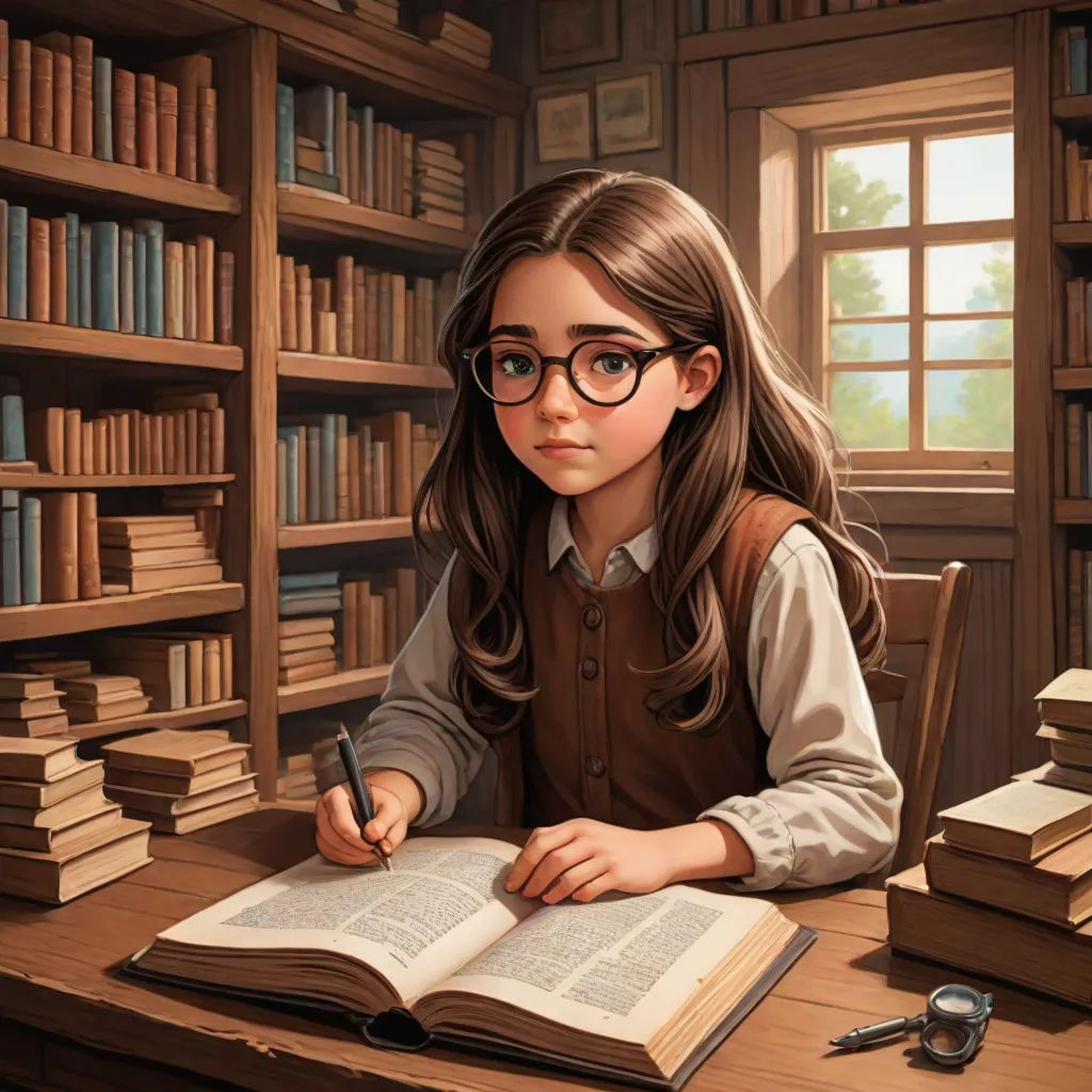 a girl sitting at a desk with a book and pen in her hand and a book in front of her, official art, fantasy art, a storybook illustration, Charlie Bowater